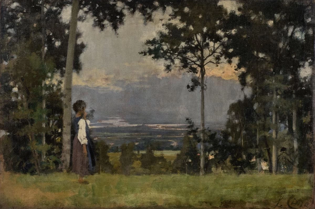 Paesaggio boscoso con bambina